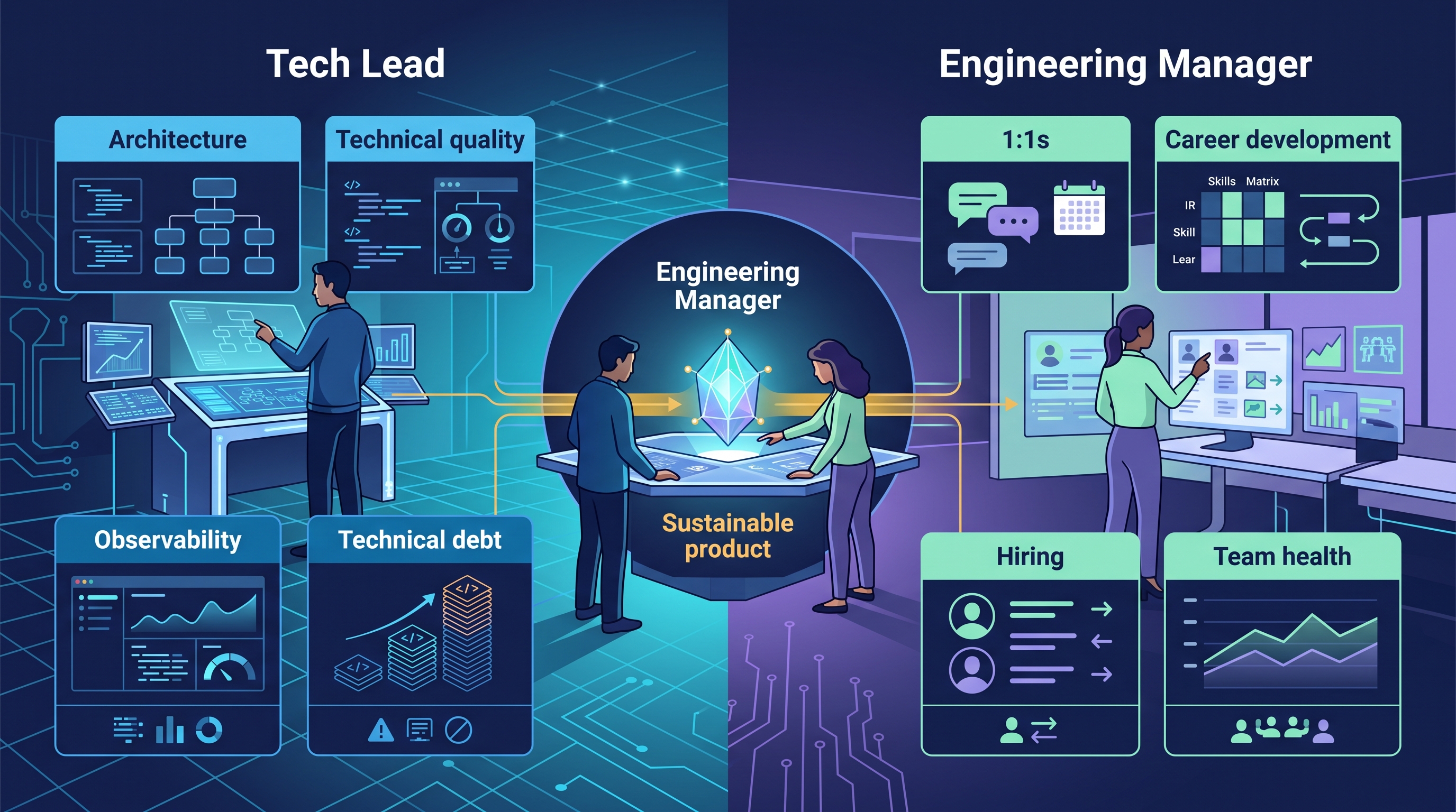 Tech Lead y Engineering Manager colaborando desde responsabilidades distintas para construir un producto sostenible
