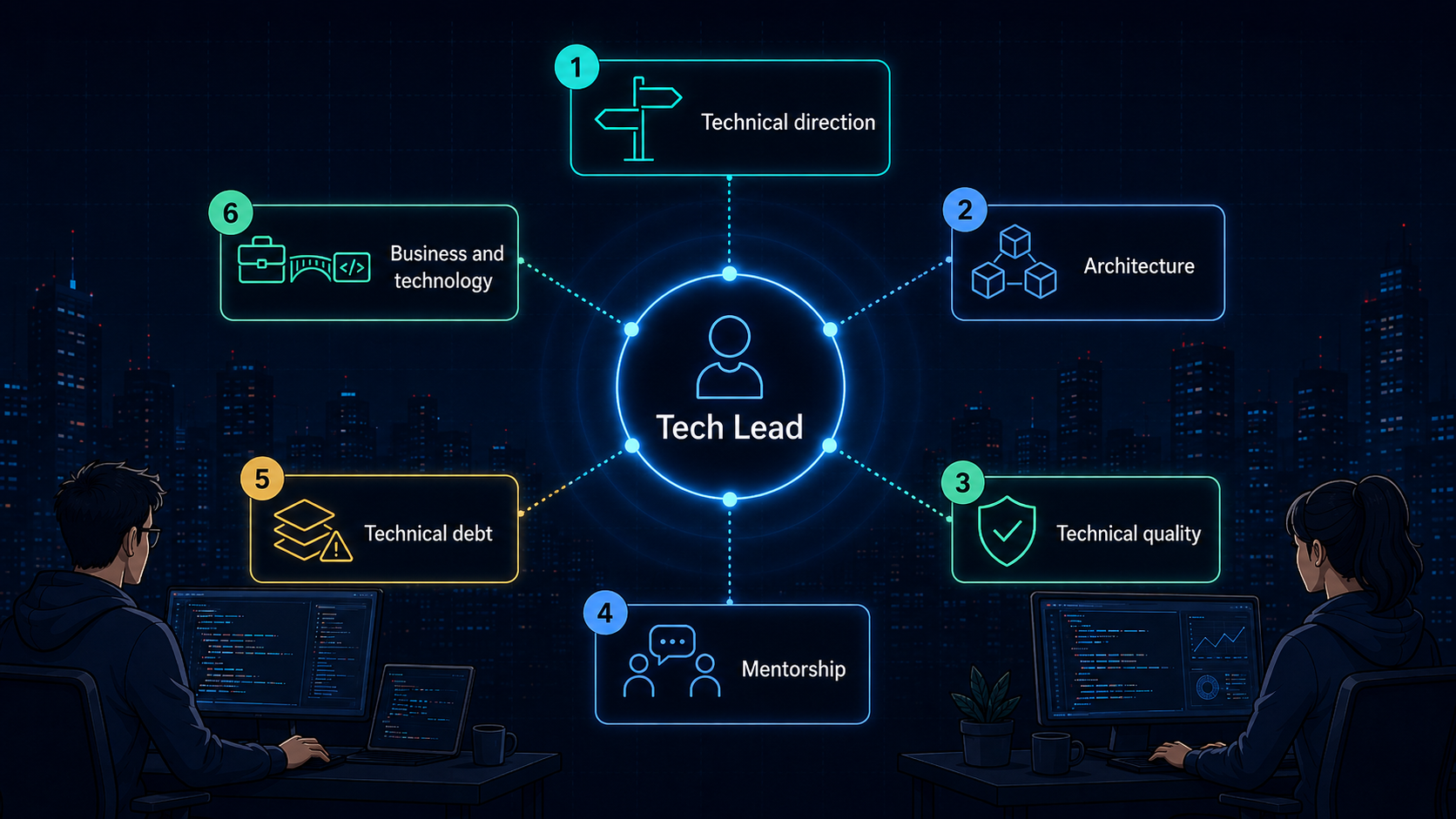 Mapa de las seis responsabilidades de un Tech Lead alrededor del rol, numeradas del 1 al 6: dirección técnica, arquitectura, calidad técnica, mentoría, deuda técnica y traducir negocio a tecnología