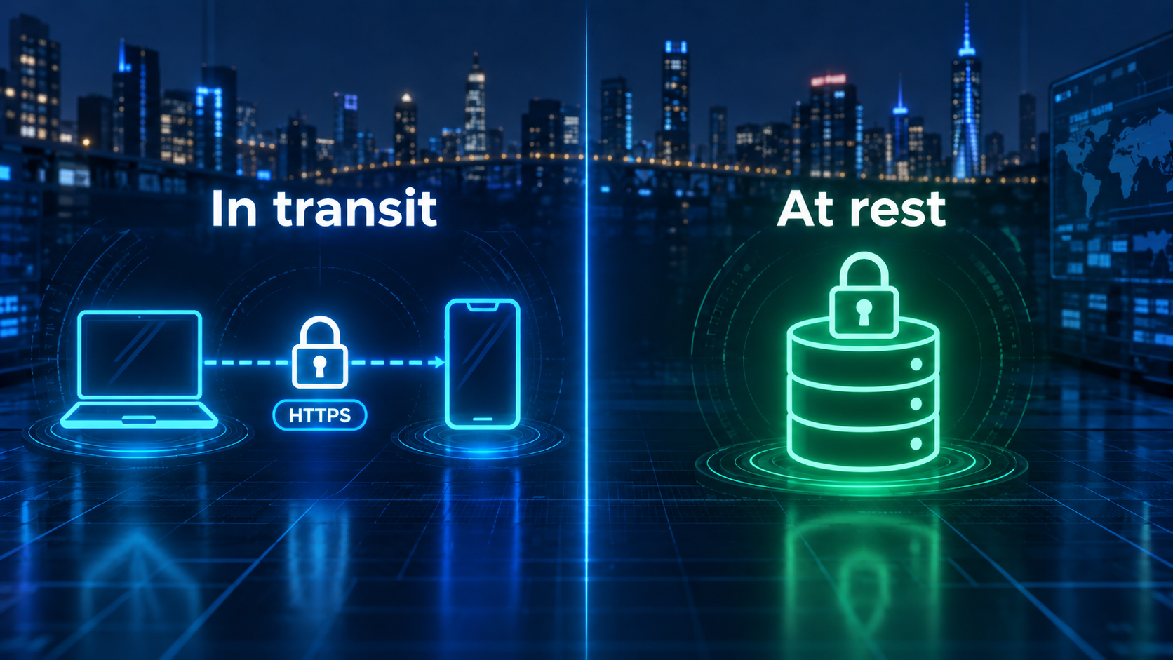 Diagrama dividido en dos: datos en tránsito protegidos con HTTPS entre dos dispositivos, y datos en reposo protegidos con candado en una base de datos