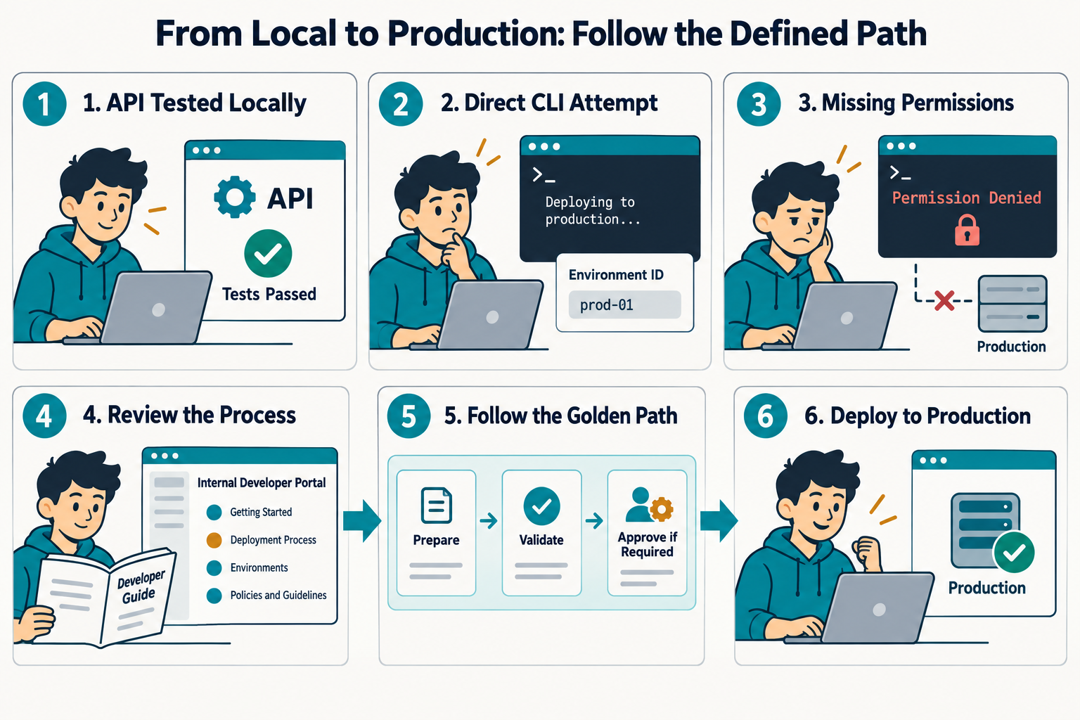 Seis pasos desde una API probada en local hasta producción: intento directo por CLI, error de permisos, consulta del portal y seguimiento del golden path con validaciones y aprobaciones.